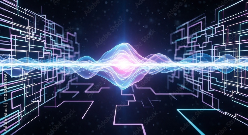 Obraz premium Abstract Cyber Technology Background with Glowing Energy Wave and Digital Circuit Line Grid