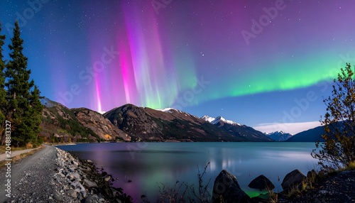 Stunning aurora borealis display over calm lake, mountains, and trees