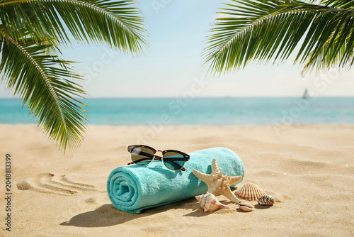 Luxury Summer Beach Relaxation Scene – Sunglasses and Soft Towel Resting on Golden Sand with Tropical Palm Leaves