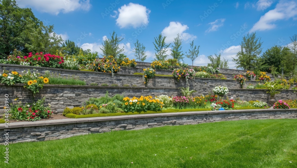 Obraz premium Picture perfect landscaped garden with a multi level stone retaining wall and flower arrangements