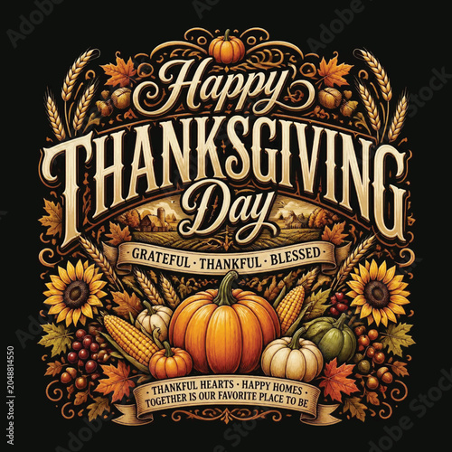 Elegant Thanksgiving Typography Autumn Crest Graphic Tee
