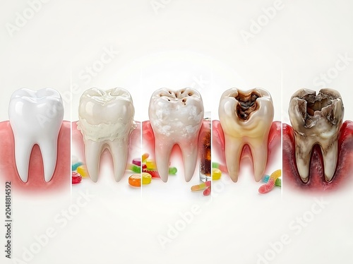 Stages of tooth decay progression from healthy white enamel to severe dental caries and cavity destruction. Dentistry, healthcare education, preventive care campaigns, nutrition awareness, pediatric