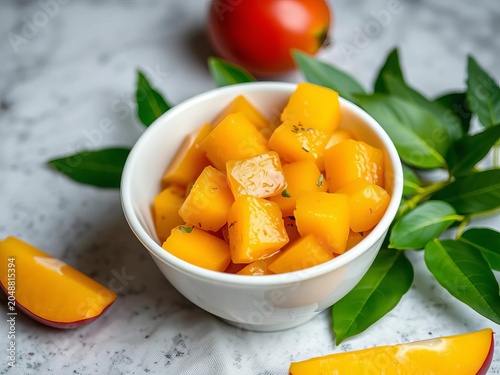 White bowl filled with pickled sweet sour mango chunks, breakfast, appetizing