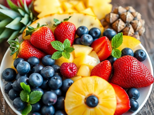 Fresh fruit platter with strawberries, blueberries, grapes, and pineapple, ||healthy snacks, vitamin C