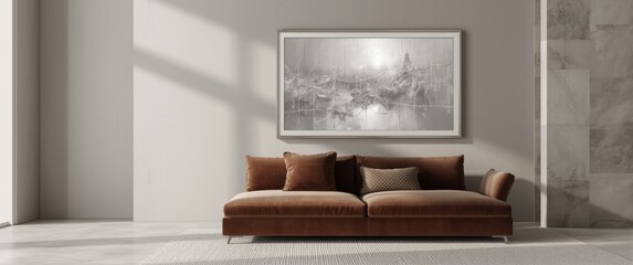 Sophisticated lounge space featuring brown corner sofa and silver abstract image bordered by a white frame