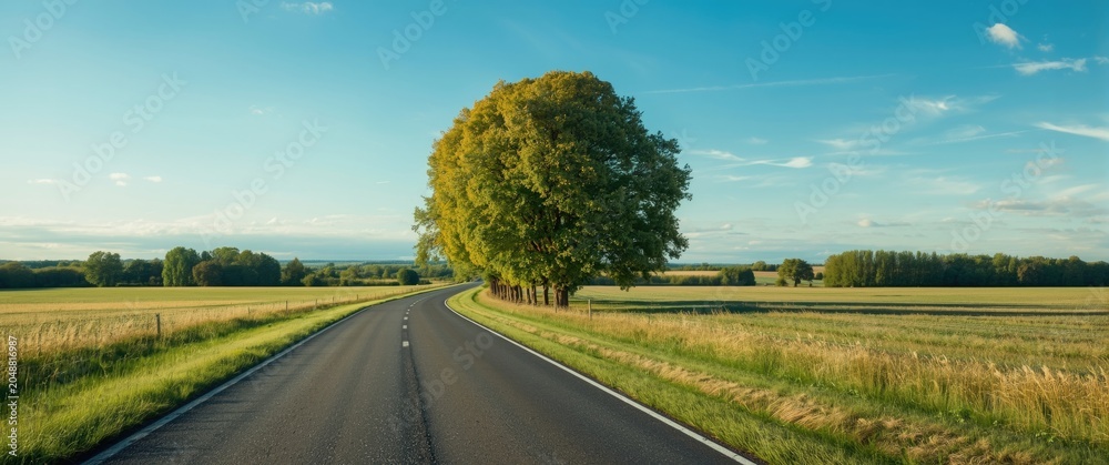 Fototapeta premium Scenic countryside view along a smooth asphalt road with vibrant green trees under clear summer skies