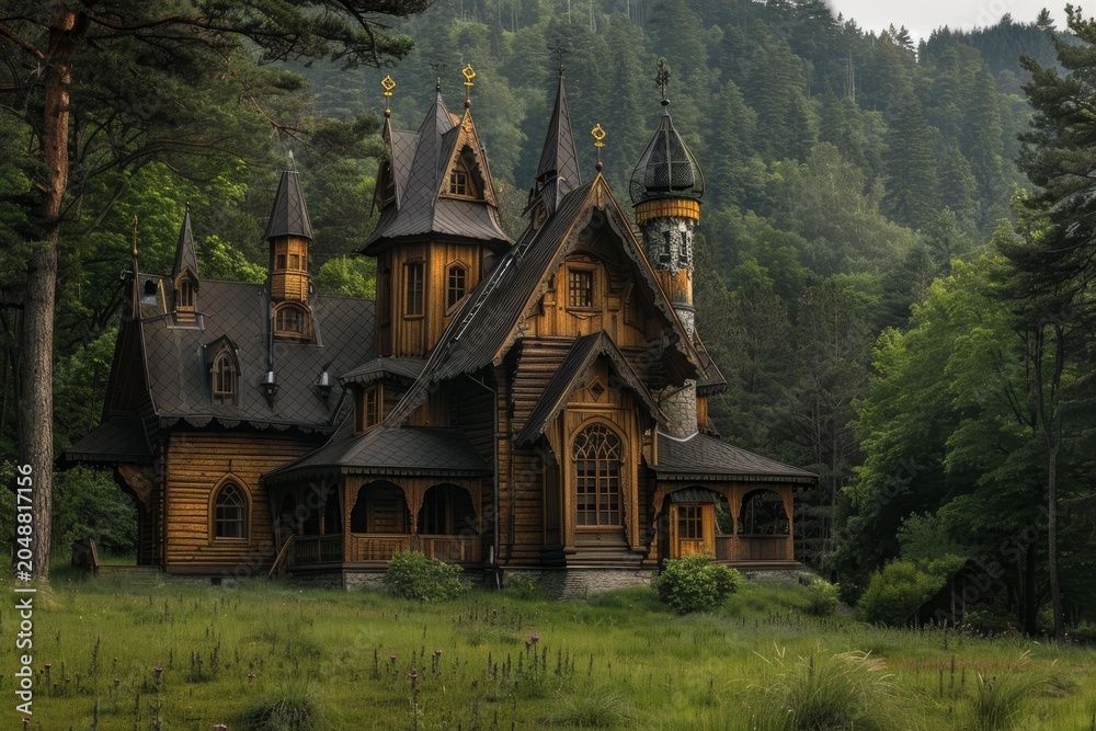 Obraz premium Fairytale style wooden mansion standing in a valley surrounded by a lush forest, creating a magical and enchanting atmosphere
