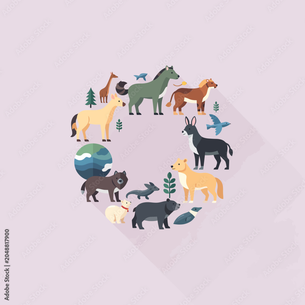 Obraz premium A colorful illustration of various animals arranged in a circular composition
