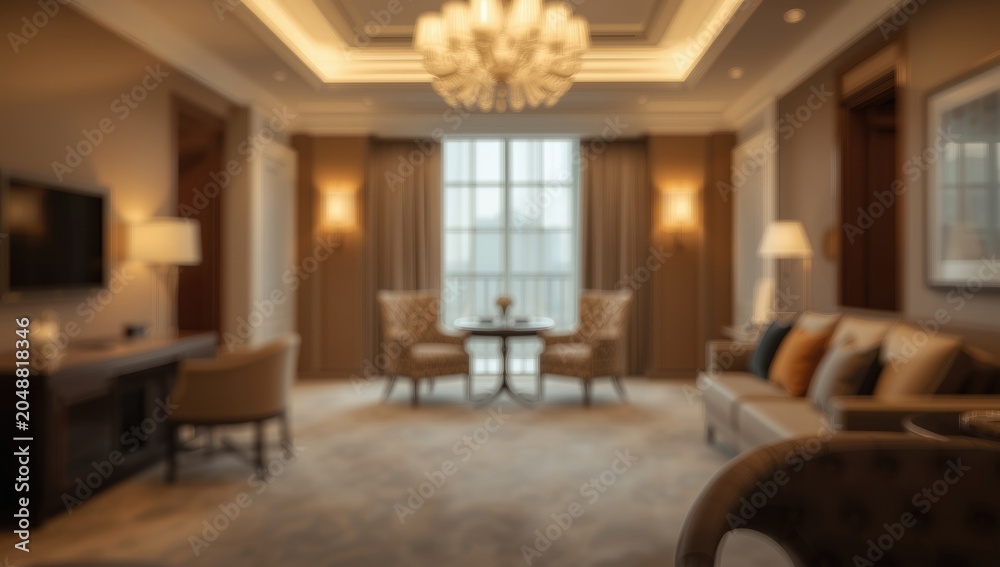 Fototapeta premium Warm soft lighting in a luxury hotel suite featuring bokeh effects and room for text copy space