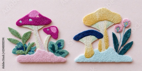 textured embroidered painting of cute mushrooms and flowers, organic wool texture