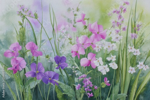 watercolor, wild flowers in the meadow, white background