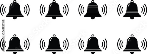 Bild auf Leinwand Eight identical black bell icons with ringing motion lines, arranged in two rows