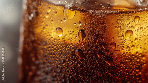 Glass surface displays condensation droplets clinging to a dark brown soda filled with effervescent bubbles and ice cubes.