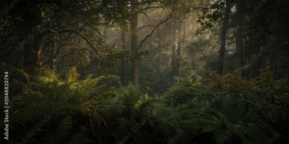 Obraz premium Rich forest landscape filled with flourishing greenery and subtle shadows