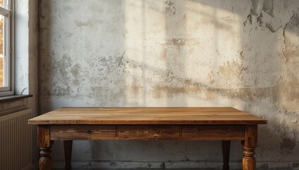 Old-fashioned wooden table by white textured wall with soft fall foliage light