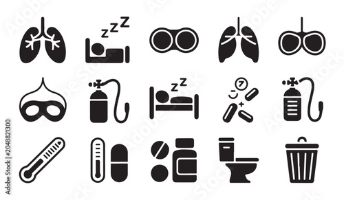 Medical icons representing health respiratory and sleep care with medical equipment.