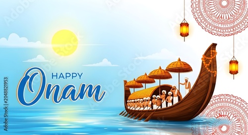 Vibrant onam celebration with traditional boat and sunny landscape