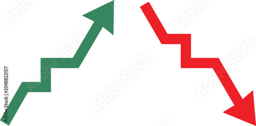 Foto Green rising arrow and red falling arrow representing financial growth and marke