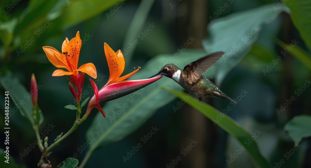 Obraz premium Vibrant hummingbird feeding on bright orange tropical flower in lush forest