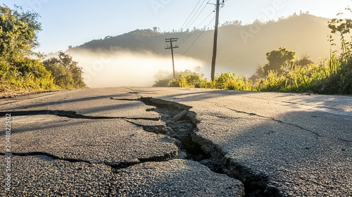 aftershock. Cracked concrete pavement and tilted utility pole after earthquake in morning fog. ESG reports, sustainability campaigns, designed for environmental awareness campaigns.