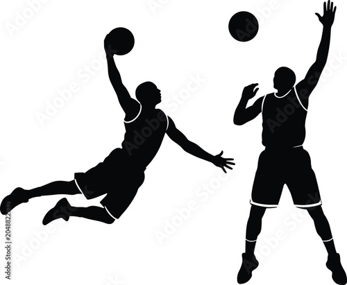 Canvas Print Two dynamic athlete silhouettes of basketball players, depicting dunk attempt an