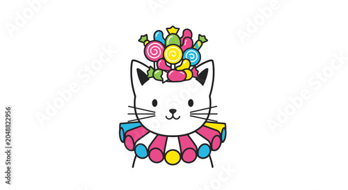 Tableau sur toile Cute Cat Character Wearing Candy Crown and Colorful Ruffle Collar