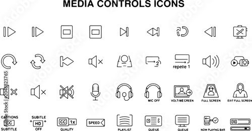Media controls icons set collection.