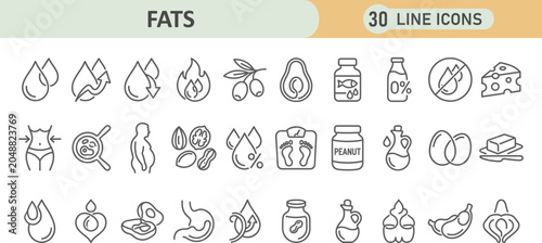 Bild auf Leinwand Set of 30 dietary fats and healthy nutrition line vector icons with nutrition me