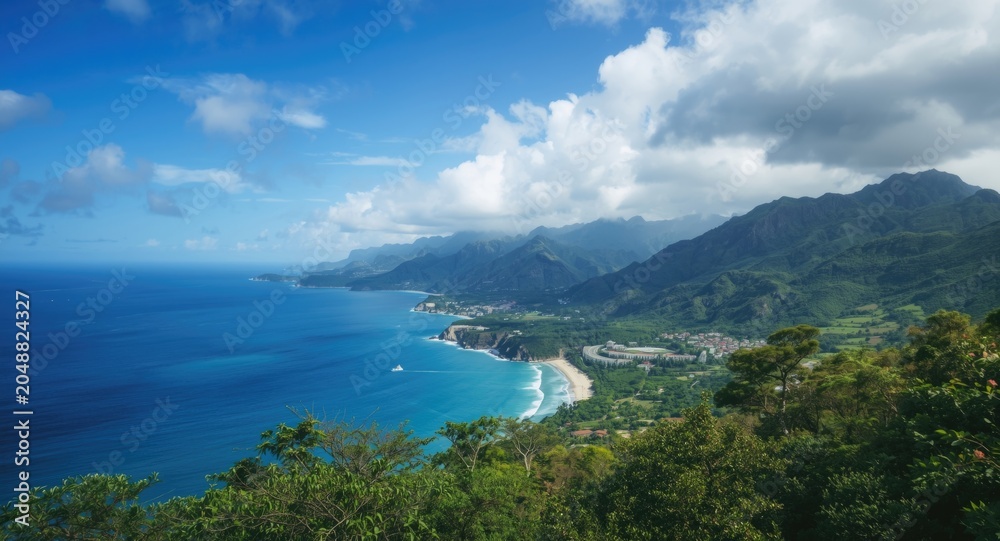 Fototapeta premium Scenic coastal landscape with mountains and lush greenery under a vivid blue sky