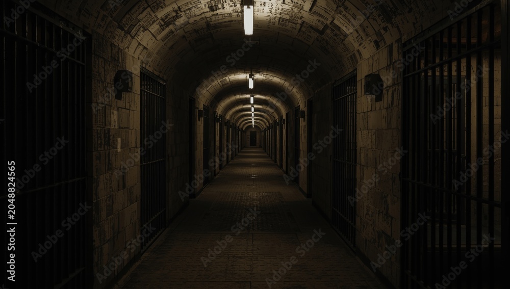 Obraz premium Torch-lit dark underground detention cells offering copy space