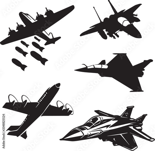 Military Jet Fighter and Bomber Airplane Silhouette Vector Set
