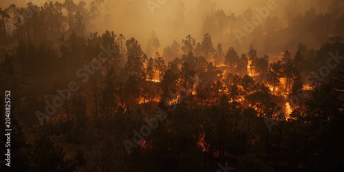 Planetary breath threatened by wildfire captured in a high angle forest fire scene