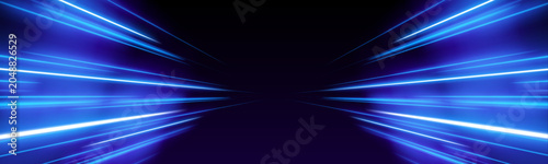 Glowing blue and pink lines travel through a digital landscape with smooth motion. Light effects create depth. Contemporary abstract illustration.