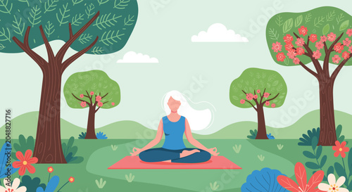 Φωτογραφία Woman with long white hair sitting in a peaceful lotus yoga pose on a pink mat in a lush green park filled with blooming trees