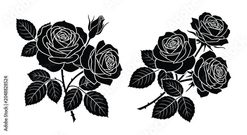 Картината върху платно Black rose silhouettes with leaves and stems on a white background silhouette