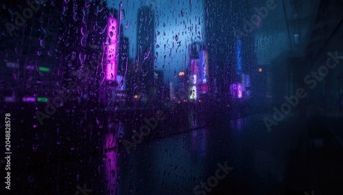 Rain-speckled glass reflecting intense purple and blue neon lighting in a cyberpunk styled setting