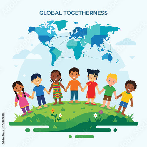 Global Togetherness Concept with Diverse Children Holding Hands Around the World Map Illustration