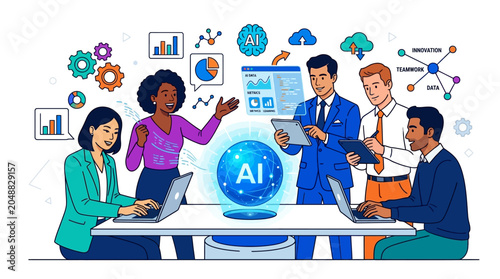 Diverse Business Team Collaborating with Artificial Intelligence Technology and Data Analytics Concept