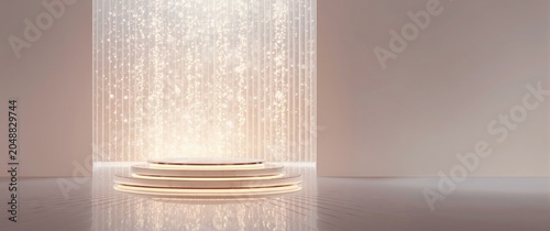 Softly glowing round platform with shimmering background designed for announcements and copy space