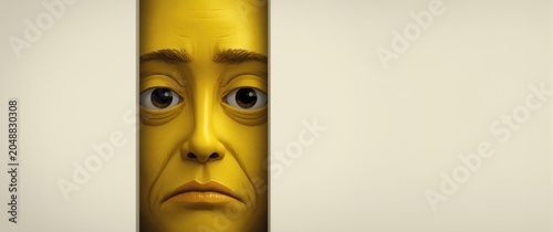 Illustration of a yellow face with big eyes and subtle frown symbolizing a lying character