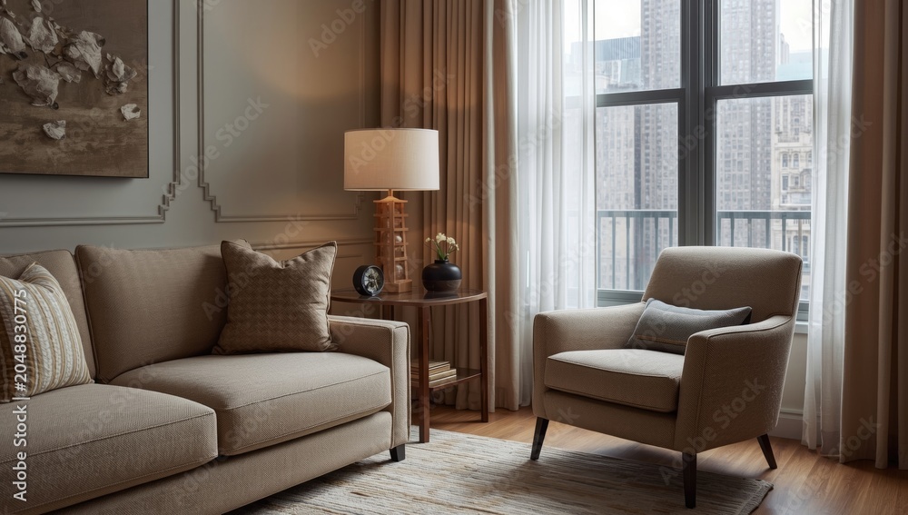 Fototapeta premium Contemporary home lounge with beige sofa and armchair complemented by lamp near window