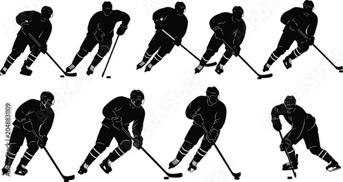 Canvas Print Black silhouettes of ice hockey players skating, shooting, defending, and goalie