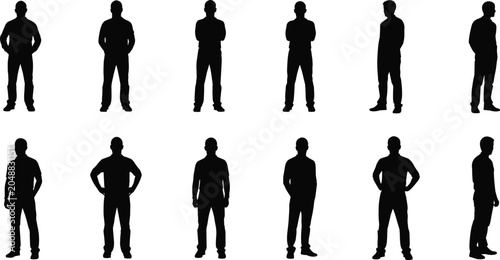 Fotografie Black silhouettes of twelve standing people in varied stances and orientations,