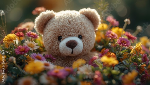 lovable teddy bear with lively seasonal flowers around