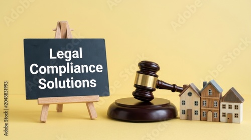 Legal compliance solutions sign on chalkboard, judge gavel with house models, real estate law and property litigation concept on yellow background