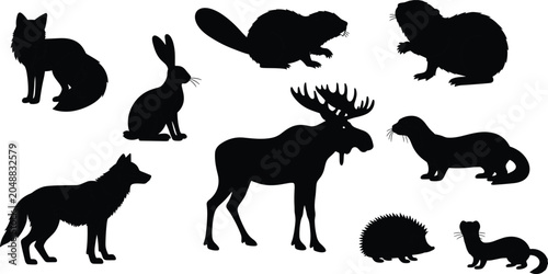 Foto Eight animal silhouettes including fox, hare, beaver, muskrat, wolf, moose, hedg