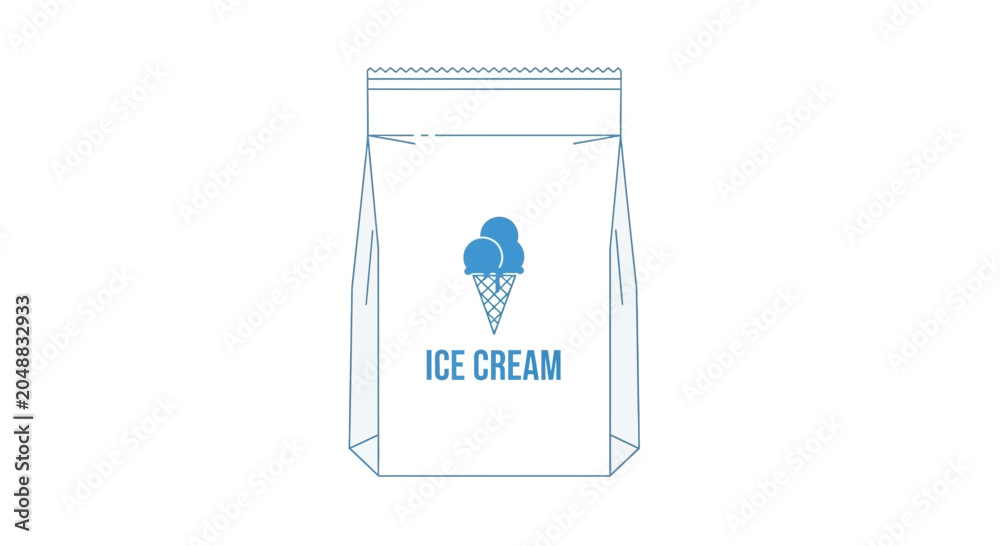 Fototapeta premium Simple blue line drawing of an ice cream bag with cone icon and text