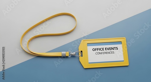 Conference badge on a yellow lanyard, identifying attendees at a business event or corporate gathering