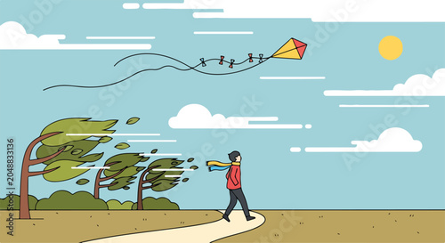 Schilderij op canvas A man flying a kite on a windy day