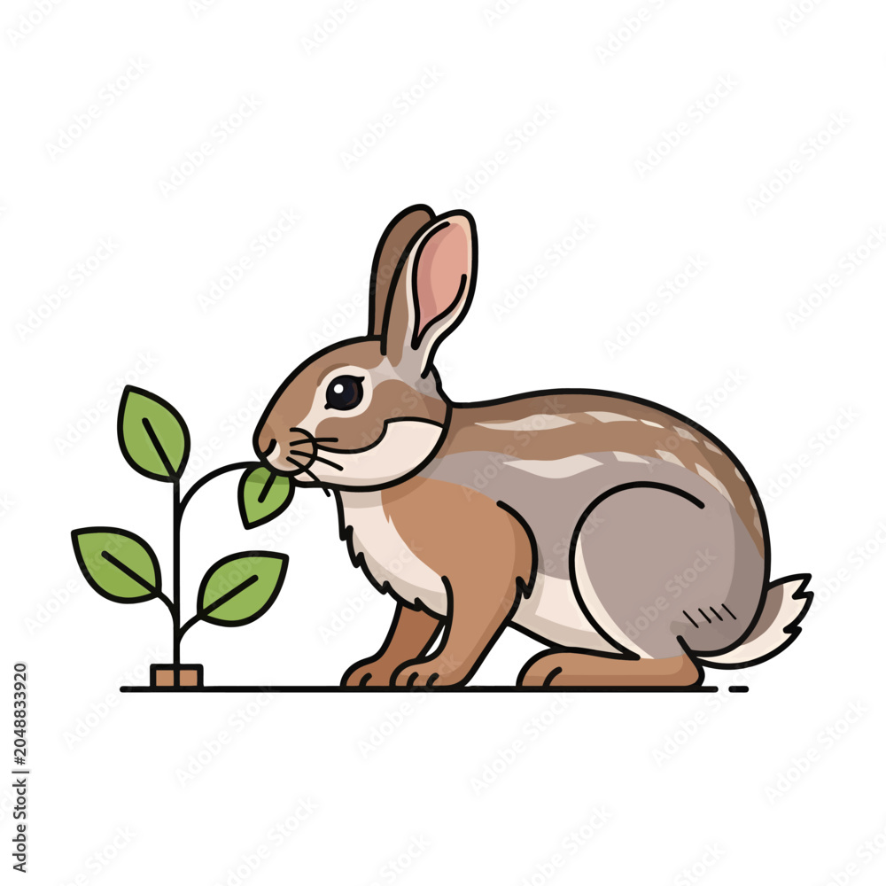 Obraz premium A cute brown rabbit eating a small green plant on a white background